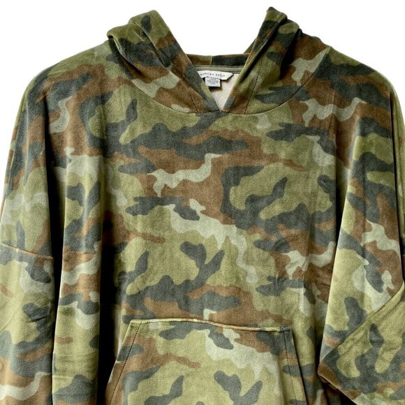 American Eagle Camo Hoodie Size Small Velour Olive Green Crop Pullover Top - Picture 3 of 7